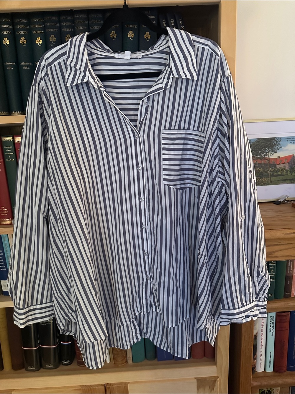 Women’s Blue and White Striped Button-Up Shirt